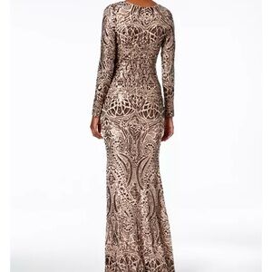 Betsy & Adam Champagne and Brown Long-Sleeve Sequin Gown